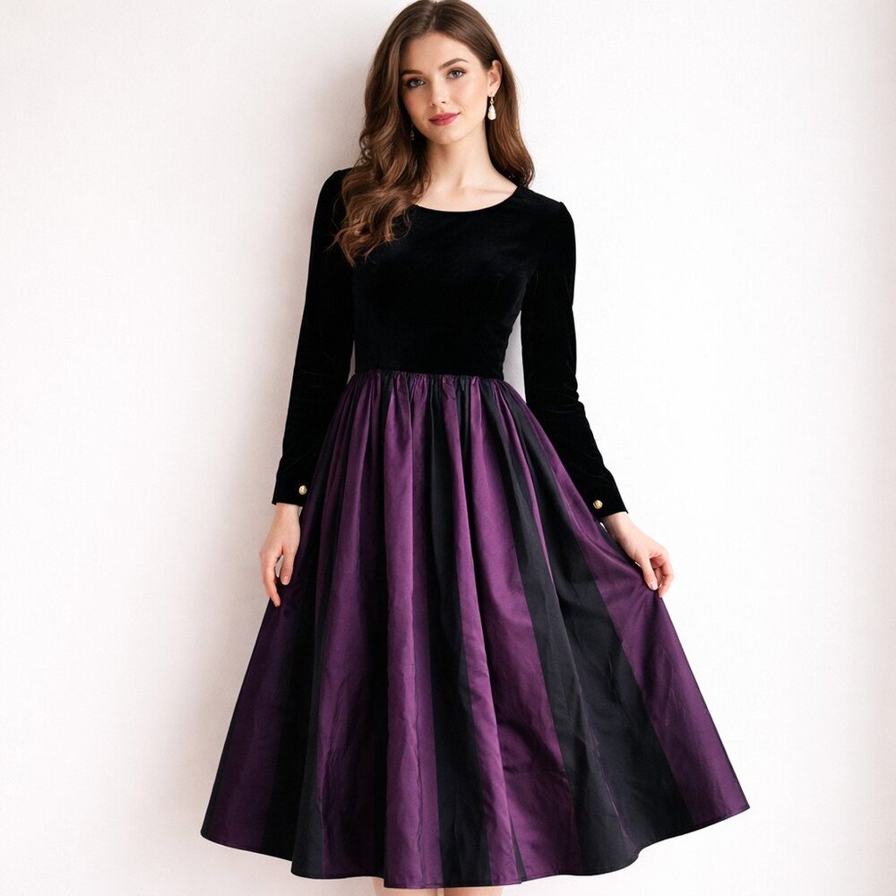 Vintage 90's Laura Ashley Great Britain Velvet Low BAck Fit n Flare Dress M